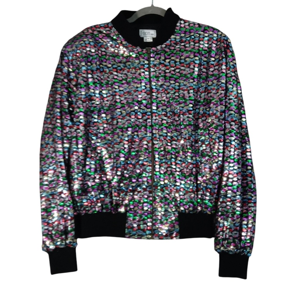VTG GDT Too‎ Sequin Bomber Jacket Multi Color Festival Party Shiny Coat One Size